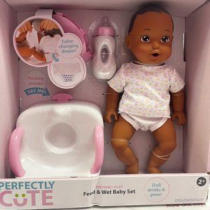 Perfectly Cute Feed & Wet 14" Baby Set - Dark Brunette with Brown Eyes